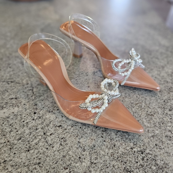 Nude/Clear Pointed Sling Back Kitten Heels with Pearl & Crystal Bow - Picture 5 of 7